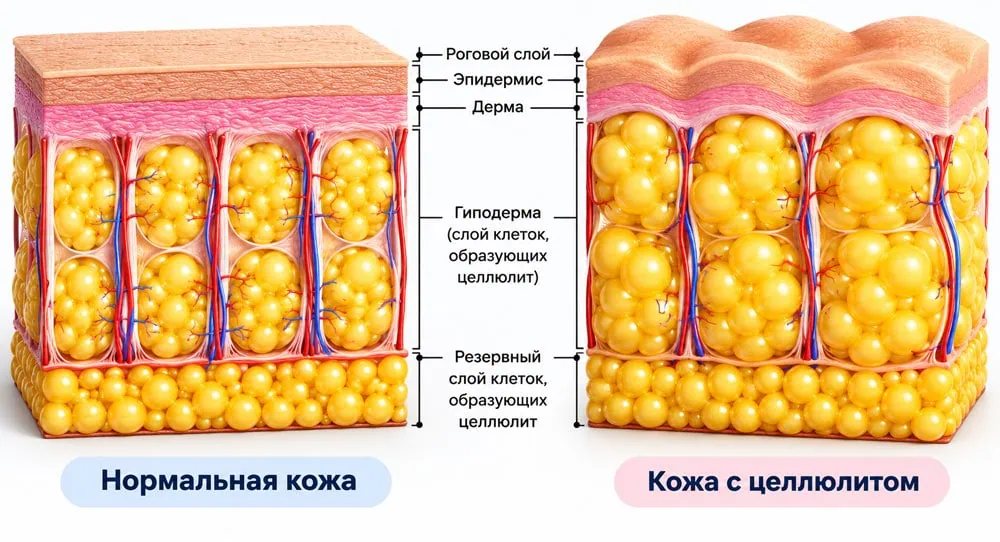Нормальная кожа и кожа с целлюлитом в разрезе